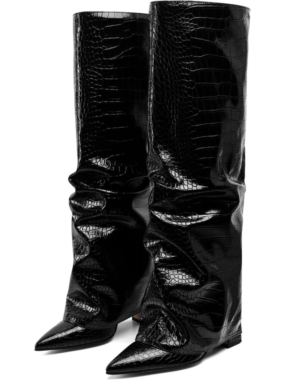 Stylish Fold Over Knee High Boots for Women, Wide Calf, Chunky Heel, Shark